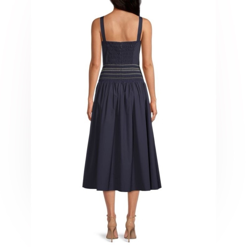 Jason Wu Smocked Drop Waist Midi Dress Navy Blue sz 14 - Picture 3 of 11